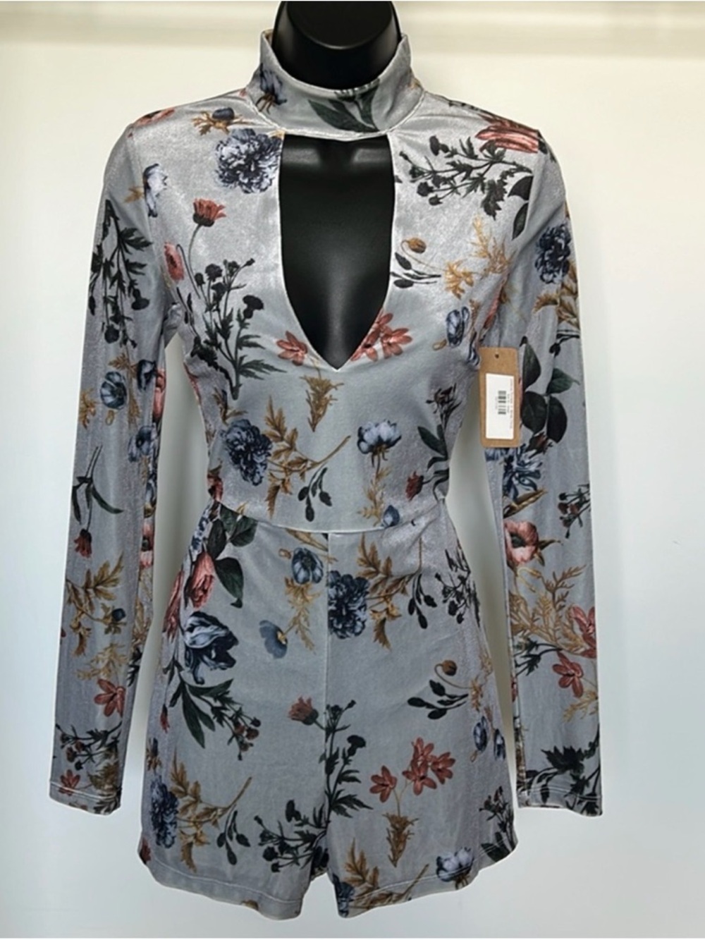 BLITHE Velvet Floral Romper Blue Cutout Mock Neck Bodycon Size Small NWT Sexy